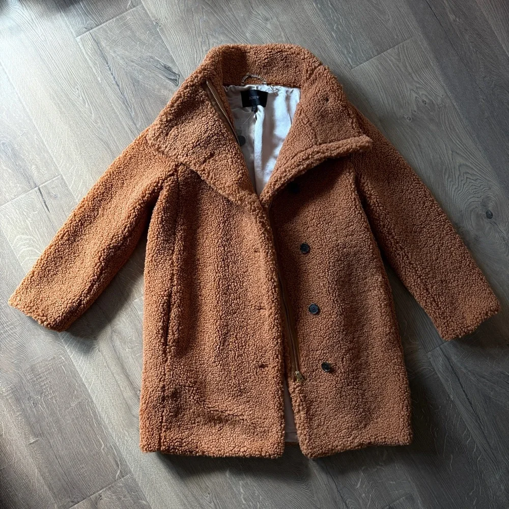 NWT J.Crew Villa Coat Teddy Sherpa Mid Length Adobe Clay Brown sz 8 zip button - Picture 7 of 15